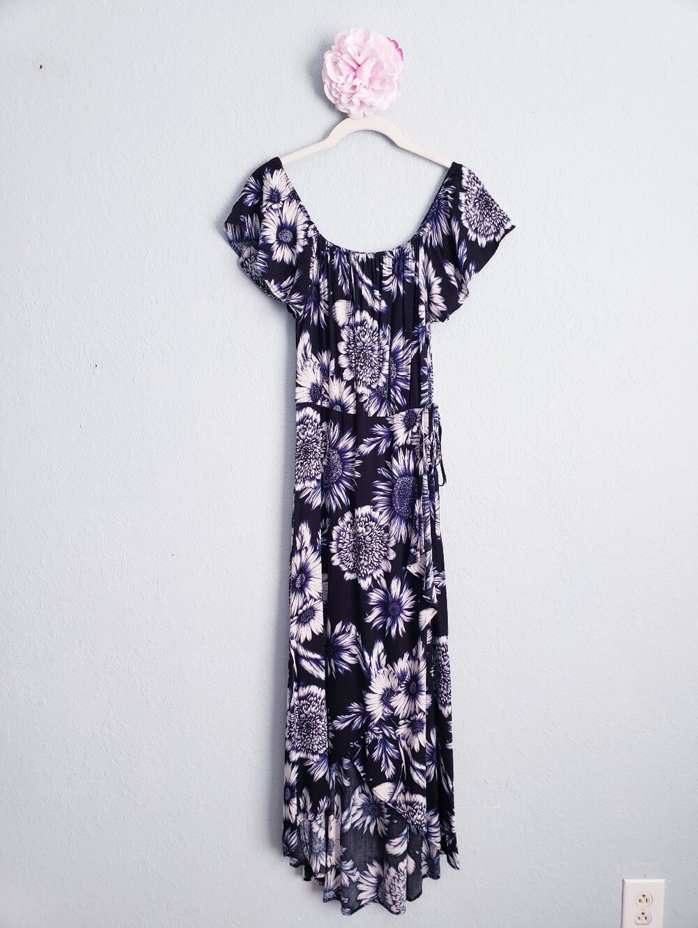 Band Of Gypsies Navy Blue & White Floral Off Shoulder Faux Wrap Maxi Dress